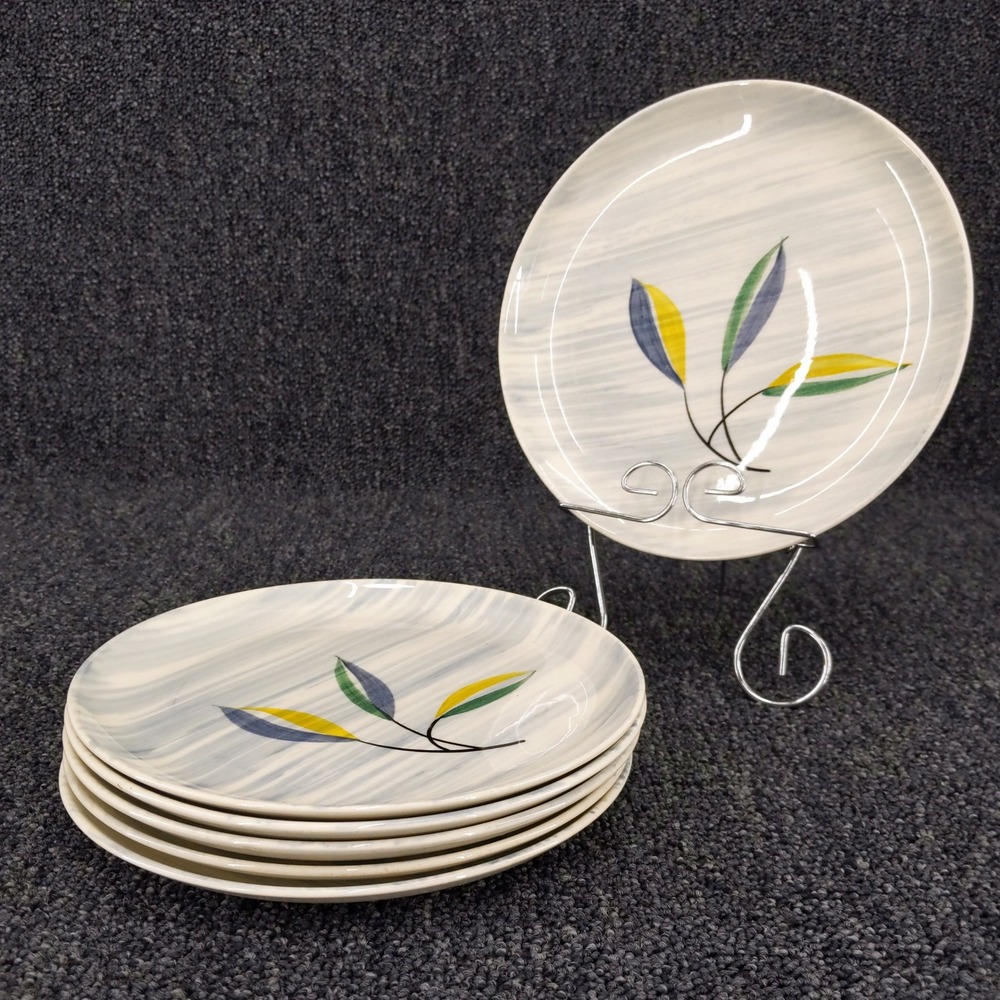 vtg 1950s Stetson Small Plates Set of 6 Gray Hand Painted Leaf 7.5" MCM 1954‎